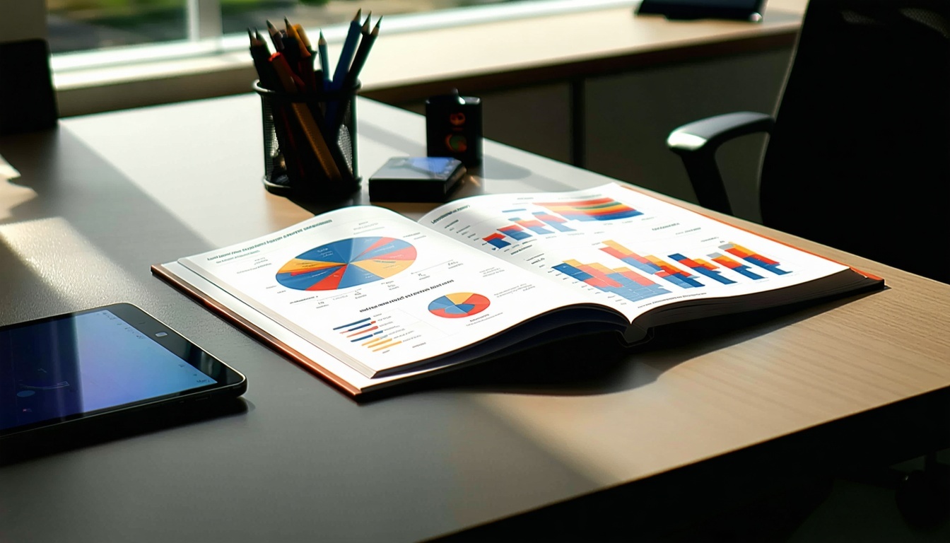 Biroul de birou contemporan elegant se mândrește cu o suprafață netedă și lustruită, luminată de lumina naturală care pătrunde printr-o fereastră din apropiere Pe birou se află un raport de marketing legat, cu copertă profesională cu un design vibrant și caractere tipografice îndrăznețe-2